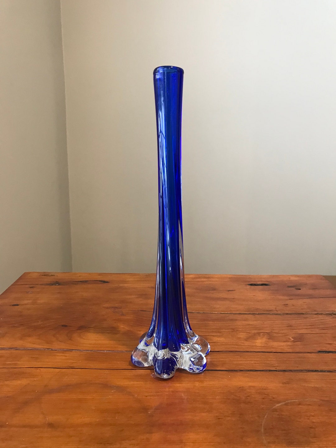 Vintage Blue Twist Glass Mid Century Bud Vase With Flower Etsy