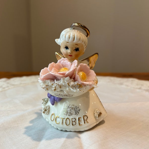 Beautiful Vintage Lefton October Birthday Angel Girl Figurine Cosmos Rose Zircon Figurine, Nursery Decor