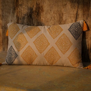 Large rectangular cushion,hand block printed pillow,contemporary mustard and grey cushion,tribal cushion,unique linen cushion,accent cushion image 4