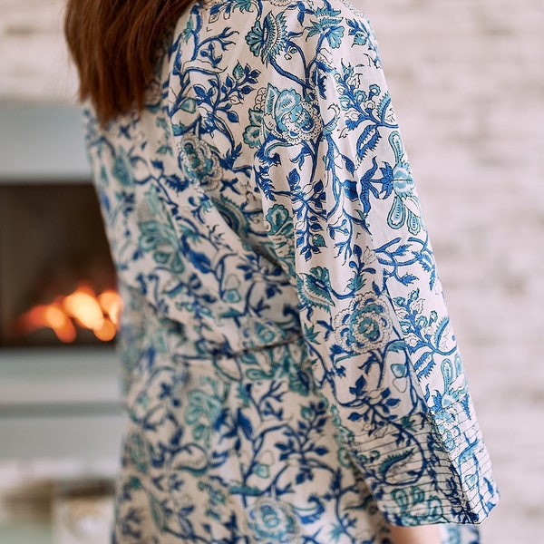 Luxury Indian cotton kimono gown,hand block printed loungewear,ethically made pure cotton dressing gown,botanical print robe,bridesmaid gift