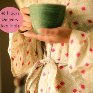 Hand block printed cotton kimono,Indian dressing gown,beach cover up,getting ready robe,Japanese kimono,lightweight summer kimono,soft robe