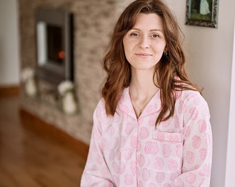 Pure organic cotton breathable pyjamas,ethically made hand printed pjs,super soft lightweight pyjamas,ladies and girls pjs,hand block