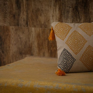 Large rectangular cushion,hand block printed pillow,contemporary mustard and grey cushion,tribal cushion,unique linen cushion,accent cushion image 7