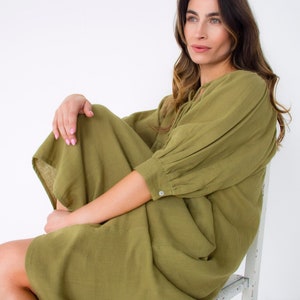 Boho festival dress,brunch dress,summer holiday dress, Indian clothing, billowed sleeves olive dress,green midi ,soft and comfy sun dress, image 1