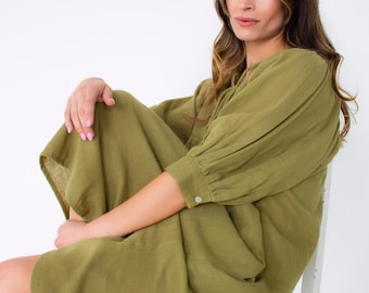 Boho festival dress,brunch dress,summer holiday dress, Indian clothing, billowed sleeves olive dress,green midi ,soft and comfy sun dress,