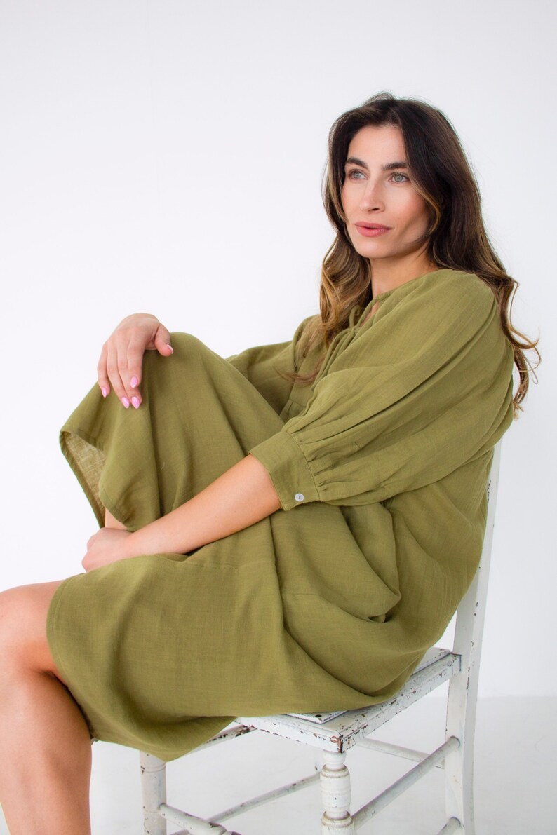 Boho festival dress,brunch dress,summer holiday dress, Indian clothing, billowed sleeves olive dress,green midi ,soft and comfy sun dress, image 1