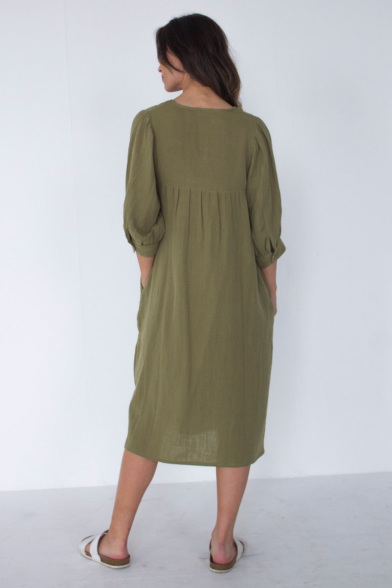 Boho festival dress,brunch dress,summer holiday dress, Indian clothing, billowed sleeves olive dress,green midi ,soft and comfy sun dress, image 8