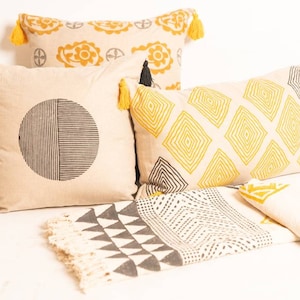 Large rectangular cushion,hand block printed pillow,contemporary mustard and grey cushion,tribal cushion,unique linen cushion,accent cushion image 1