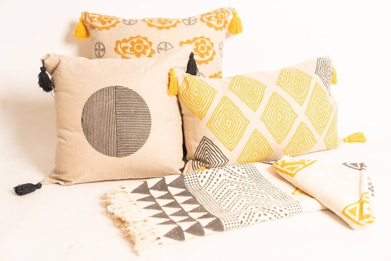 Large rectangular cushion,hand block printed pillow,contemporary mustard and grey cushion,tribal cushion,unique linen cushion,accent cushion image 1