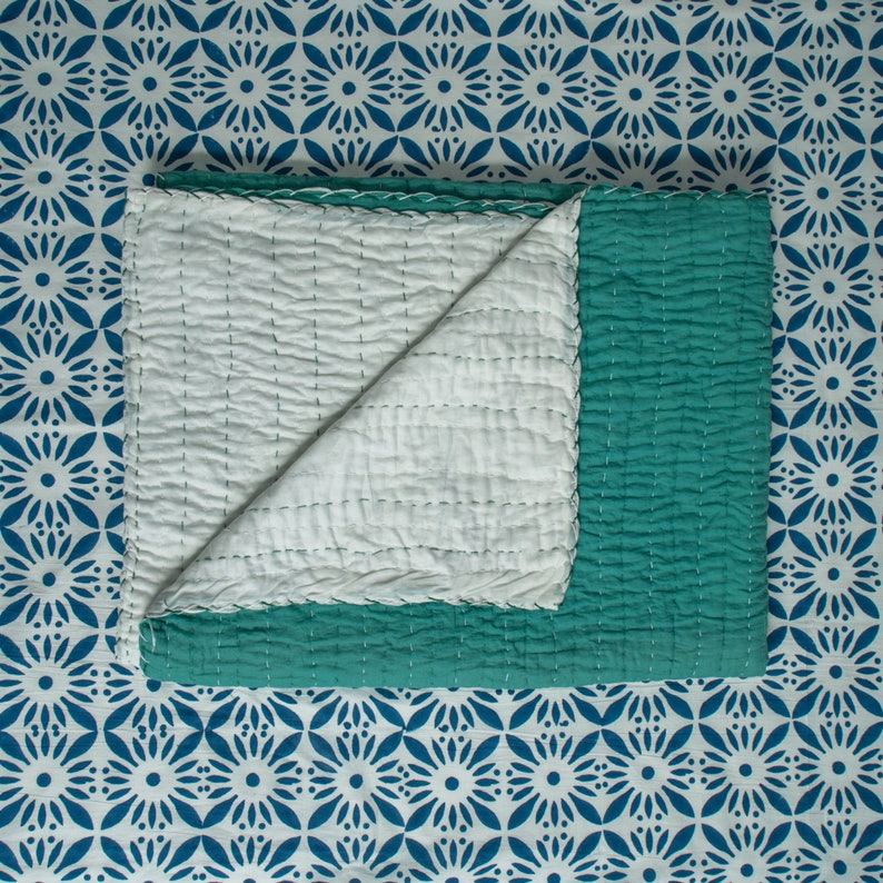 Soft kantha quiltteal handmade kantha throwhousewarming Etsy