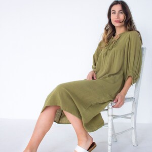 Boho festival dress,brunch dress,summer holiday dress, Indian clothing, billowed sleeves olive dress,green midi ,soft and comfy sun dress, image 2