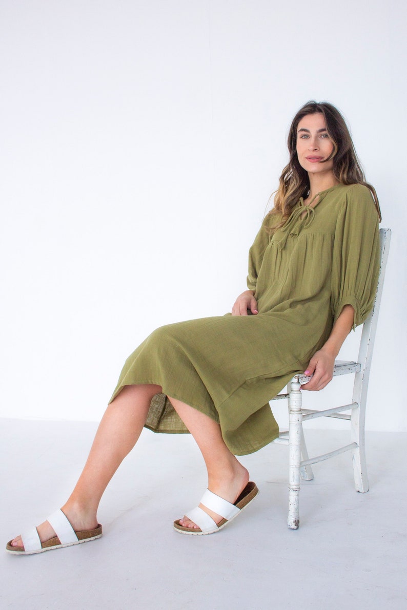 Boho festival dress,brunch dress,summer holiday dress, Indian clothing, billowed sleeves olive dress,green midi ,soft and comfy sun dress, image 2