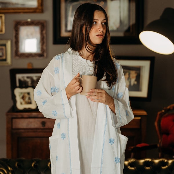 Pure Indian cotton dressing gown,kimono robe,natural fabric summer robe,boho beach coverup,embroidered bathrobe for women,full length robe,