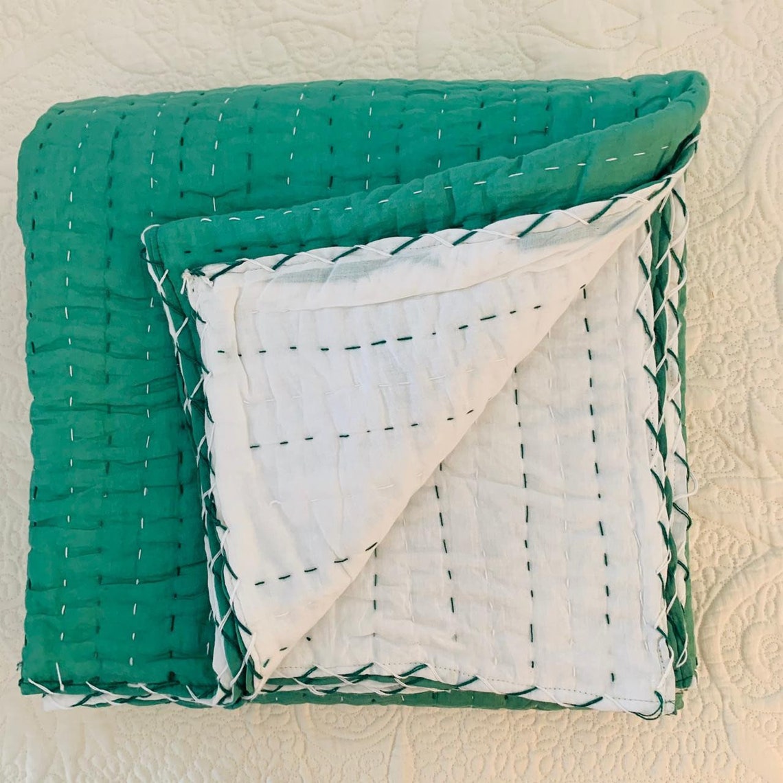 Soft kantha quiltteal handmade kantha throwhousewarming Etsy