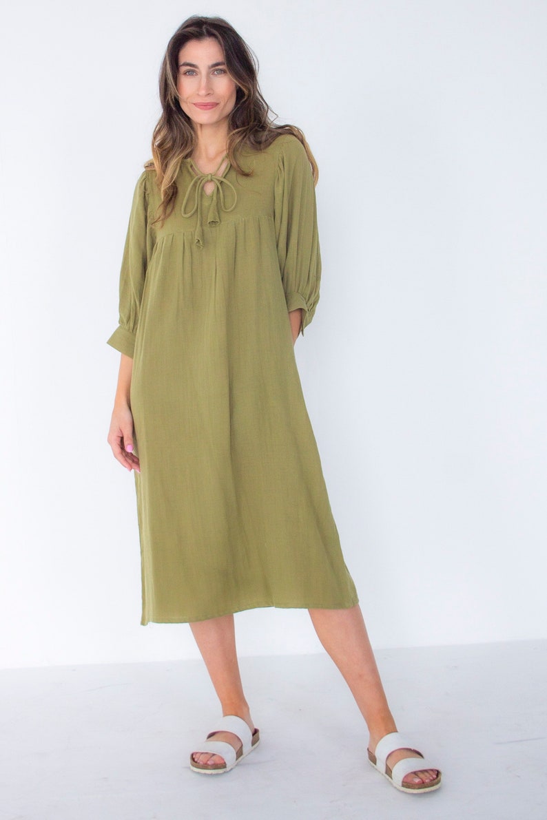 Boho festival dress,brunch dress,summer holiday dress, Indian clothing, billowed sleeves olive dress,green midi ,soft and comfy sun dress, image 3