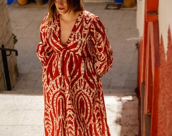katoenen dagjurk met zakken, bescheiden zomer midi-jurk, comfortabele lichte reisjurk, casual dag- of kantoorjurk, boho festivaljurk,