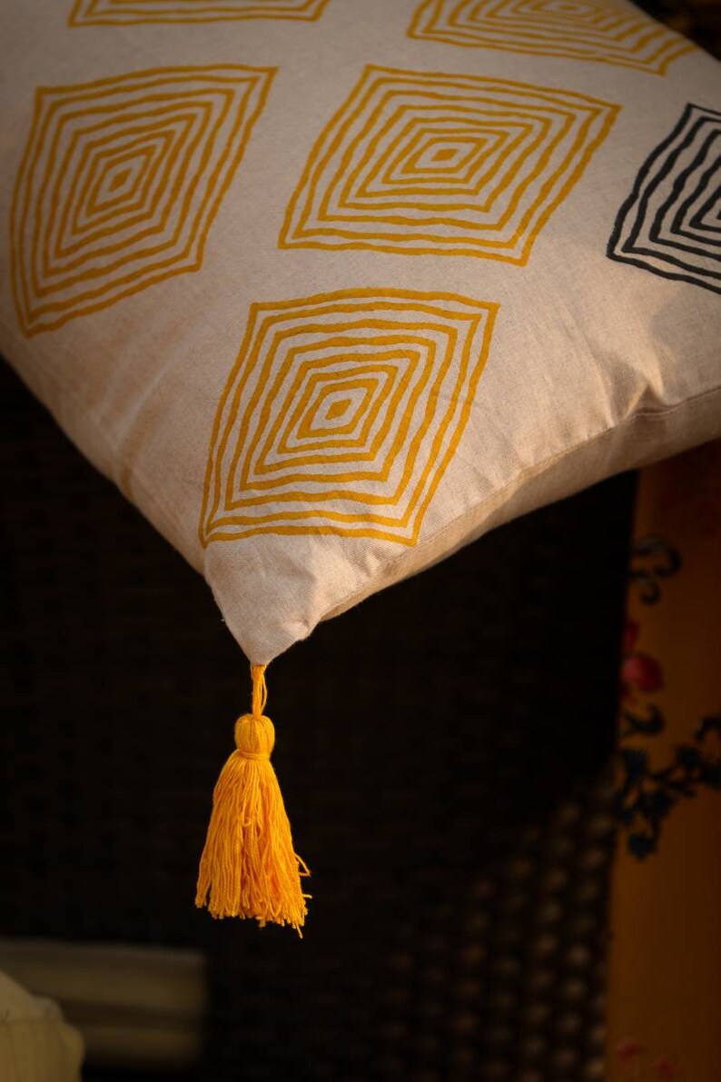 Large rectangular cushion,hand block printed pillow,contemporary mustard and grey cushion,tribal cushion,unique linen cushion,accent cushion image 2