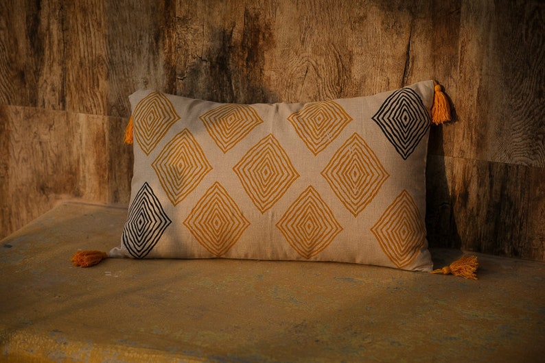 Large rectangular cushion,hand block printed pillow,contemporary mustard and grey cushion,tribal cushion,unique linen cushion,accent cushion image 4