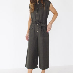 Boho style wide leg cotton linen jumpsuit, button through loose summer overalls , romper with pocket, relaxed fit playsuit,womens green image 4