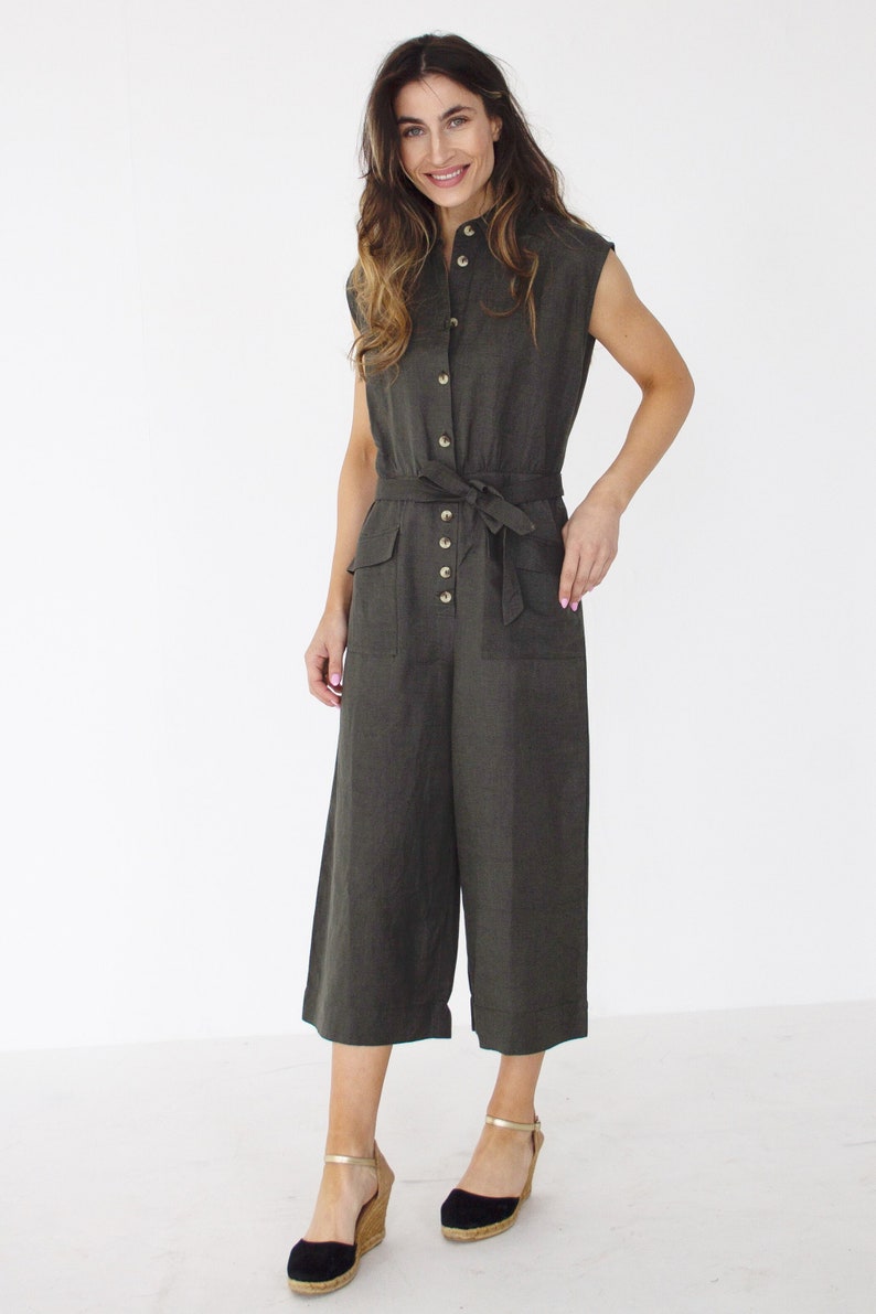 Boho style wide leg cotton linen jumpsuit, button through loose summer overalls , romper with pocket, relaxed fit playsuit,womens green image 4