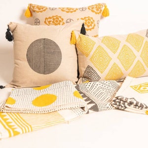 Large rectangular cushion,hand block printed pillow,contemporary mustard and grey cushion,tribal cushion,unique linen cushion,accent cushion image 3