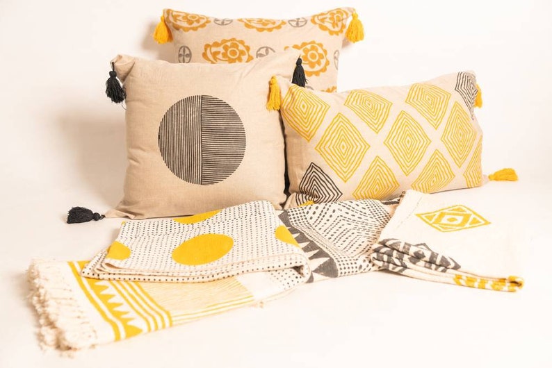 Large rectangular cushion,hand block printed pillow,contemporary mustard and grey cushion,tribal cushion,unique linen cushion,accent cushion image 3