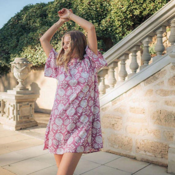 Pink Floral Cotton Short Dress  Casual Boho Shift Dress With Pockets, Back  Bow Detail, Everyday Outfit Women - Etsy
