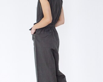 Boho Style breiter Bein Baumwolle Leinen Jumpsuit, Knopf durch lockere Sommer Overalls, Strampler mit Tasche, entspannte Passform Playsuit, Damen grün