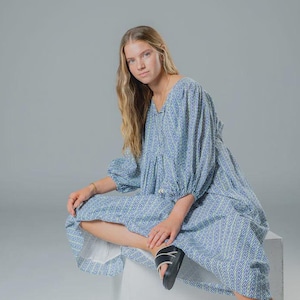 Radha Boho Blue Print Midi Dress – Flowy Cotton Summer Dress with Balloon Sleeves, Relaxed Fit Cottagecore Dress, Handmade Women&#39;s Dress