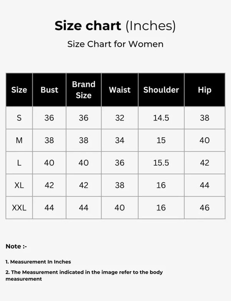 K&ouml;nnte beinhalten: Gr&ouml;&szlig;entabelle f&uuml;r Damenbekleidung in Zoll. Die Tabelle zeigt die Gr&ouml;&szlig;en S, M, L, XL und XXL mit den entsprechenden Ma&szlig;en f&uuml;r Brustumfang, Marken Gr&ouml;&szlig;e, Taille, Schulter und H&uuml;fte.