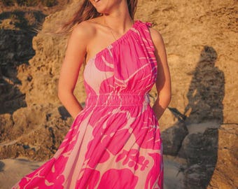 Pink one shoulder wildflower midi dress, garden party cottagecore dress, wedding guest dress, ethereal floral dress, bohemian vacation midi