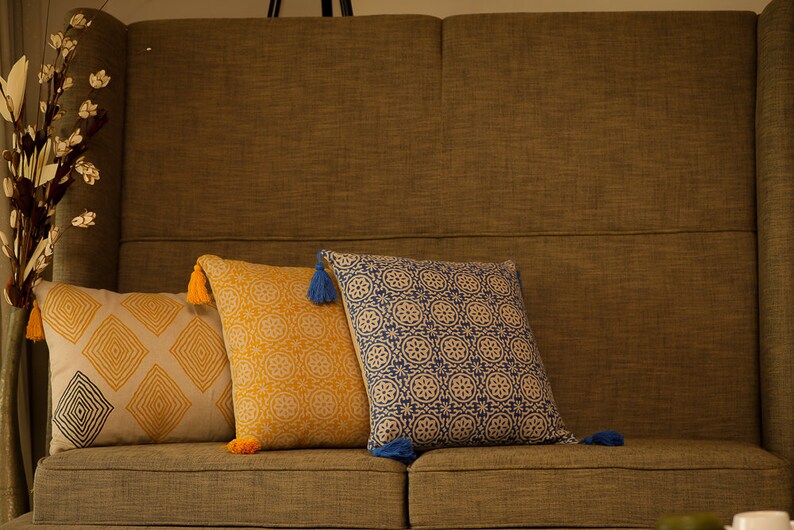 Large rectangular cushion,hand block printed pillow,contemporary mustard and grey cushion,tribal cushion,unique linen cushion,accent cushion image 6