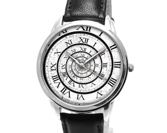 Retro Spiral Art Watch: Japanese Quartz, Black Leather Band for Birthdays