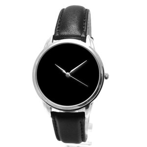 Black Hole minimalist void no indication dial quartz watches just black dial black leather band | Men gift watches for friend