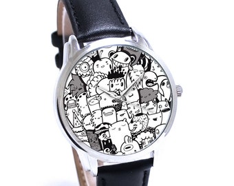 Montres Crazy World - montres à quartz pop art cool installées bande en cuir noir japon movt à l’intérieur de | Livraison gratuite cadeau unique