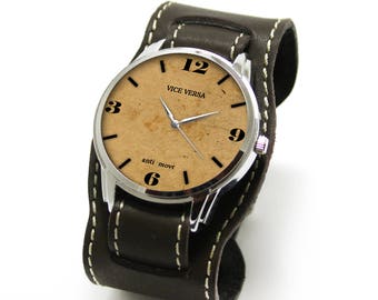 ViceVersa Japan Watch: AntiClockwise Leather Brown Cuff Watch