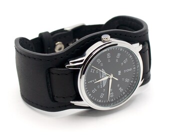 Retro Motus -  Military Style Watch: Handmade Black Leather Cuff, Anti-Clockwise