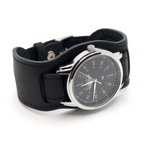 Retro Motus - backwards watches on black handmade leather wide watch band  | AntiClockwise military style cuff watches with flyback function