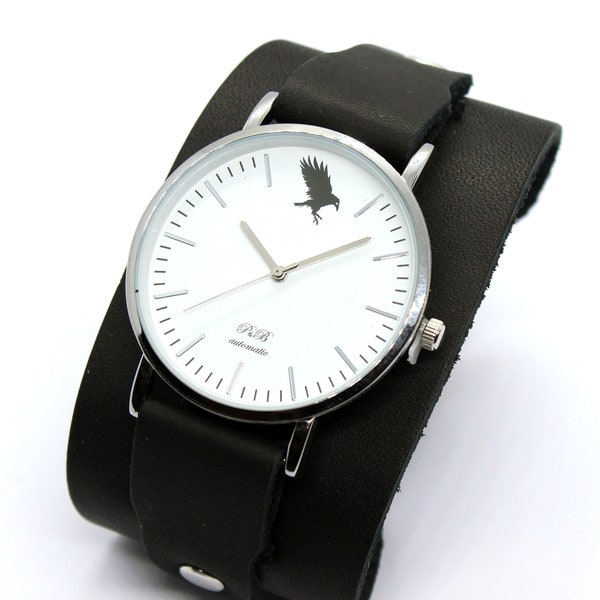 Pride&Bright Black Raven wide leather cuff bracelet watches retro design handmade wristband | Slim, lightweight, unique watches for gift