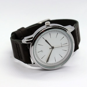 Pride&Bright Medio - big counterclockwise quartz watches with handmade black leather strap minimalist stitch | Cool gift flyback watches