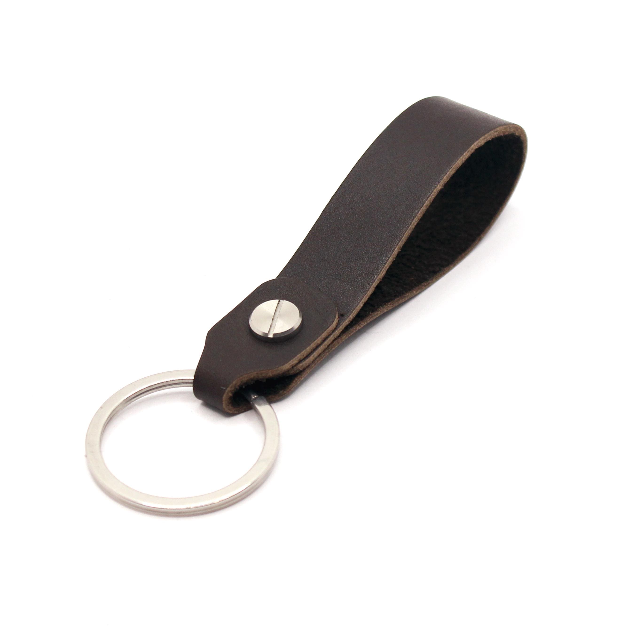 Classic Leather Keychain With Stainless Steel Ring - Beige, Black