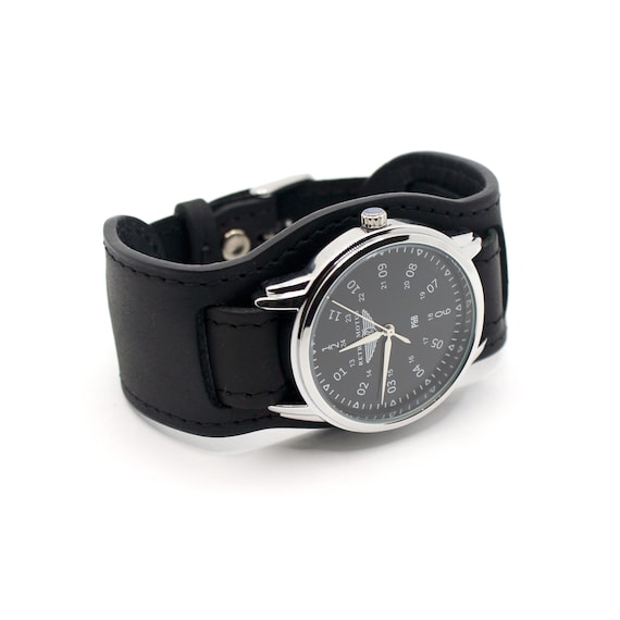 Retro Motus Backwards Watches on Black Handmade Leather Wide Watch