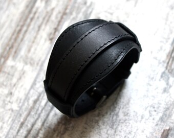 Model E - Wide Leather One Piece Watch Strap: Stitched Cuff Wristband for Non-Removable Lugs