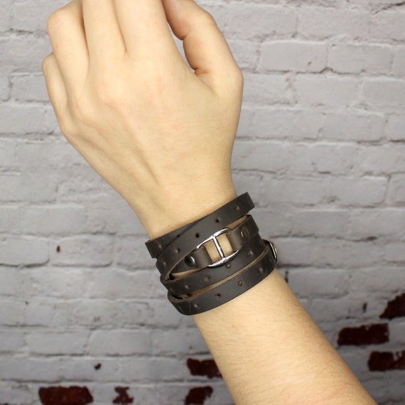 Leather Wrap Bracelet for Men - Gray Bracelet - Mens Leather Jewelry Gifts  - Nadin Art Design - Personalized Jewelry