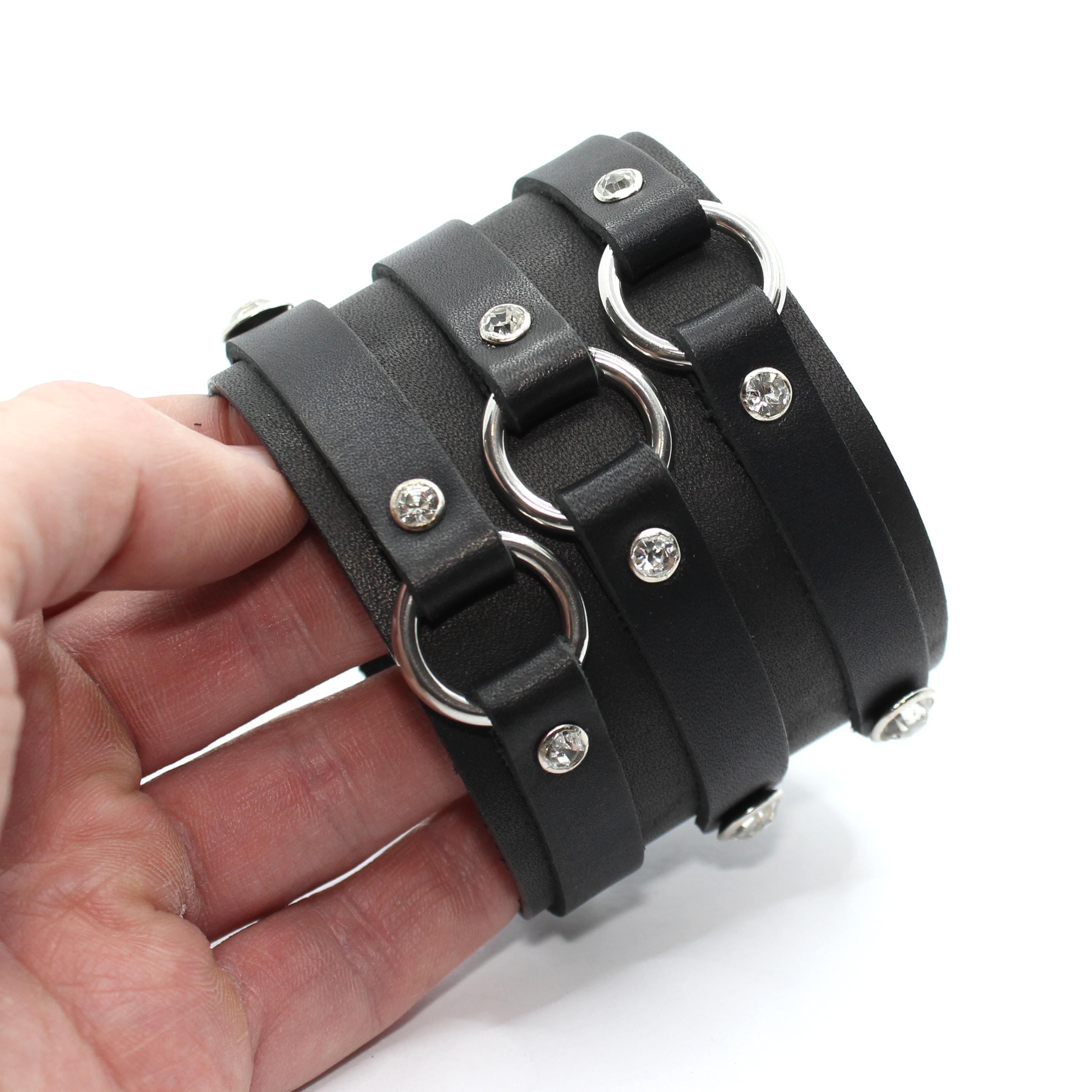 Princino - Wide Black Leather Cuff Bracelet for Woman : Rhinestone