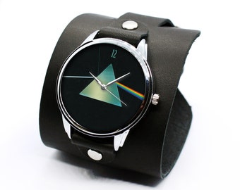 Dispersion - extra wide handmade black leather cuff bracelet quartz watches, rainbow art print watches, Gift for friend, Leather jewelry