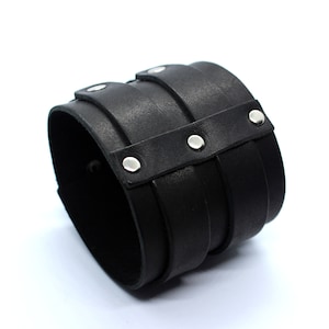 Thor - Men&#39;s Black Leather Biker Bracelet: Wide Buckled Wrist Cuff with Two Buckles