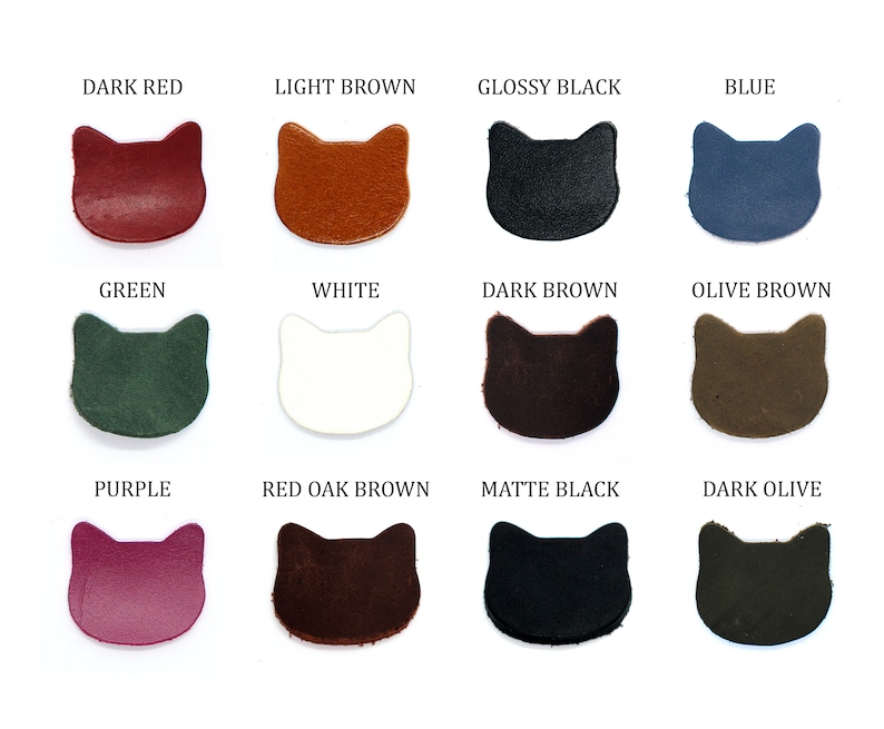 Peut inclure: Douze patchs en cuir en forme de chat dans diff&eacute;rentes couleurs, y compris rouge fonc&eacute;, brun clair, noir brillant, bleu, vert, blanc, brun fonc&eacute;, brun olive, violet, brun rouge ch&ecirc;ne, noir mat et olive fonc&eacute;.