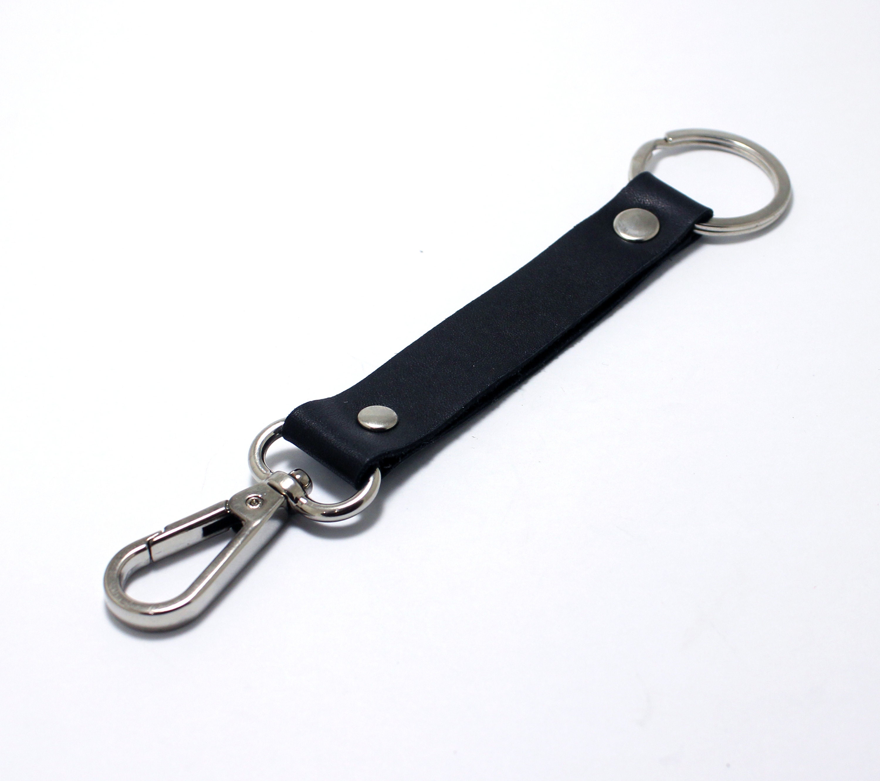 Black caribiner spring clip key fob, vegtan leather