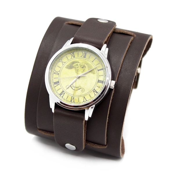 Montre Pride&Bright Angel - montre-bracelet avec large bracelet manchette en cuir marron fait à la main style vintage | Bijoux en cuir aspect ancien